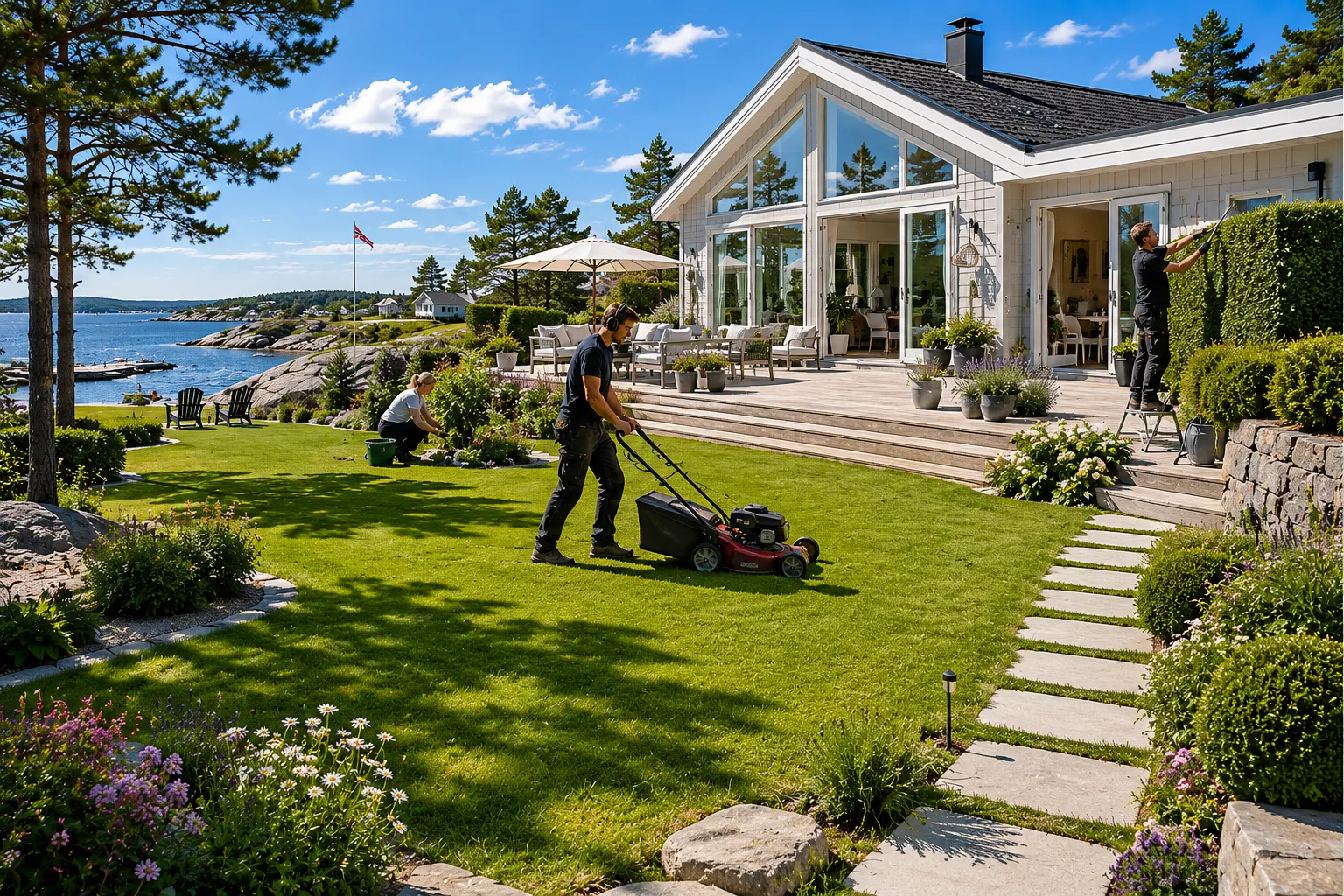 Gressklipping og hagestell ved en lys kystvilla i sommerlys